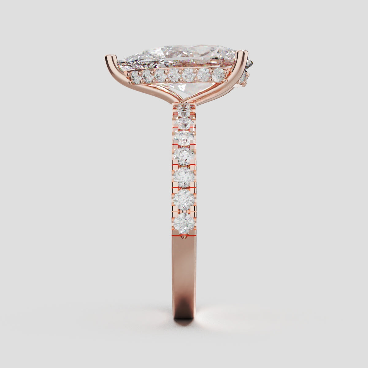 Sussurro, 3ct pear lab grown diamond engagement ring, 1.8mm Pave, Hidden Halo, 18K rose gold - side view