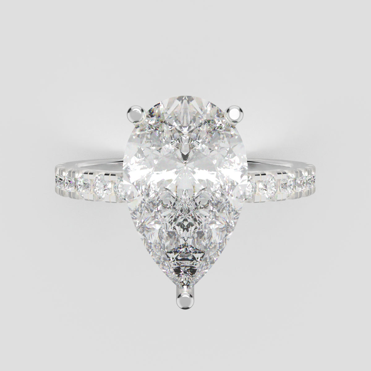 Sussurro, 3ct pear lab grown diamond engagement ring, 1.8mm Pave, Hidden Halo, 18K white gold - front view
