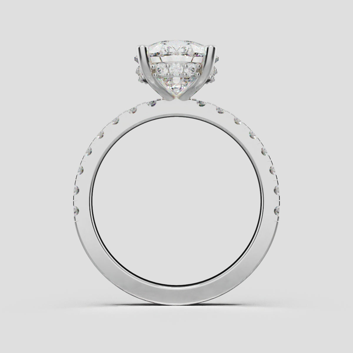 Sussurro, 3ct pear lab grown diamond engagement ring, 1.8mm Pave, Hidden Halo, 18K white gold - through finger