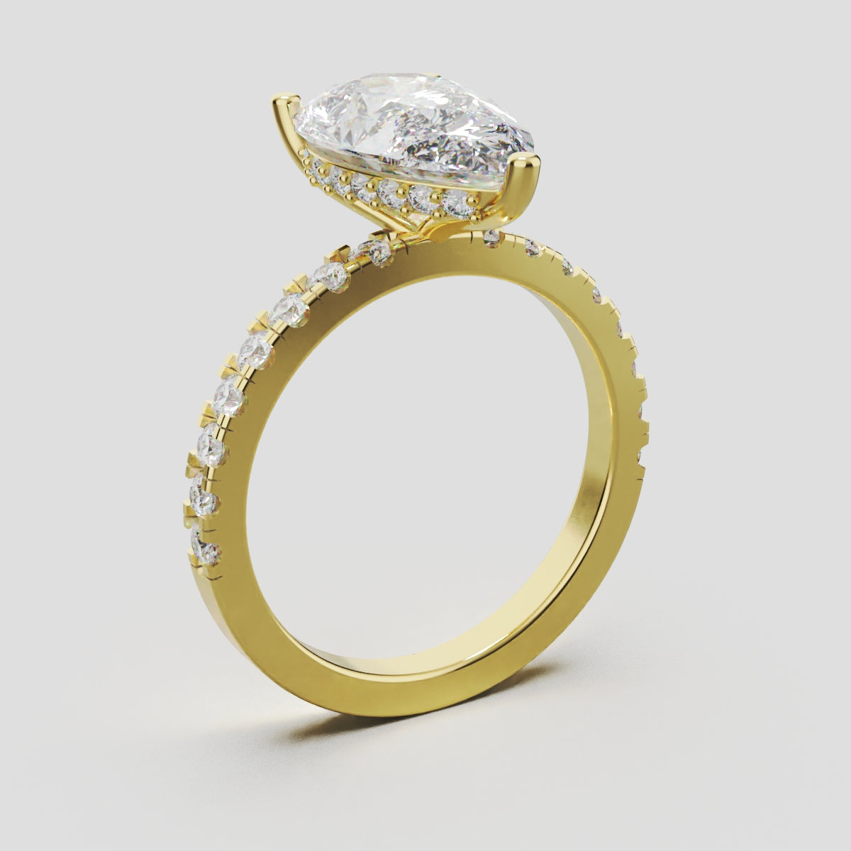 Sussurro, 3ct pear lab grown diamond engagement ring, 1.8mm Pave, Hidden Halo, 18K yellow gold - ne