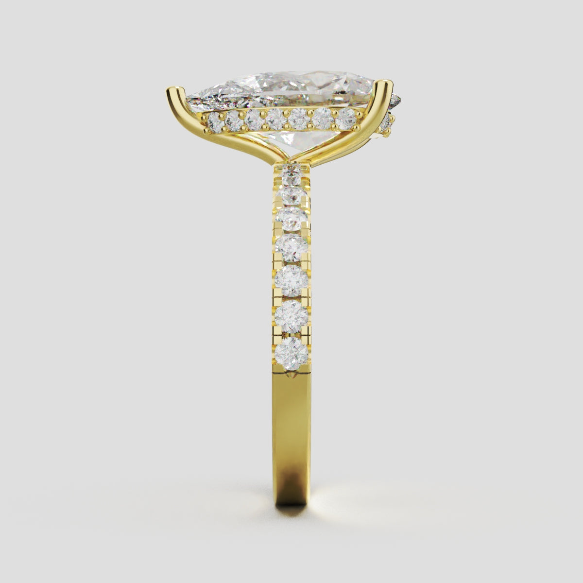 Sussurro, 3ct pear lab grown diamond engagement ring, 1.8mm Pave, Hidden Halo, 18K yellow gold - side view
