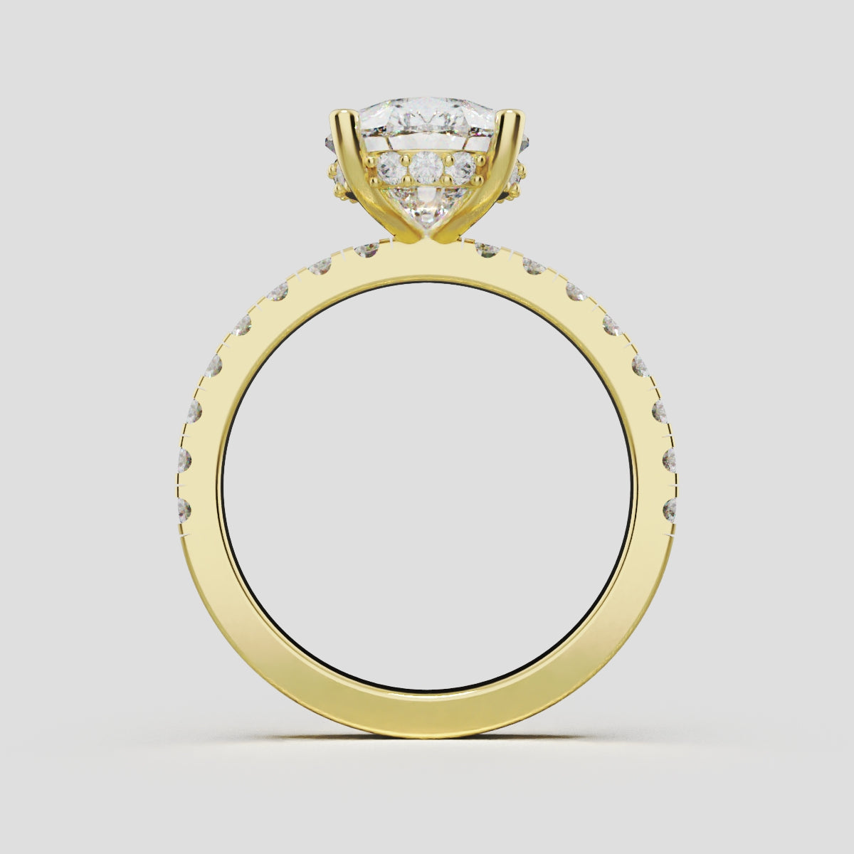 Sussurro, 3ct pear lab grown diamond engagement ring, 1.8mm Pave, Hidden Halo, 18K yellow gold - through finger