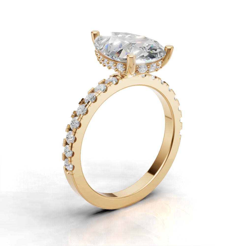 Sussurro, 3ct pear lab grown diamond engagement ring, 1.8mm Pave, Hidden Halo, 18K yellow gold - ne