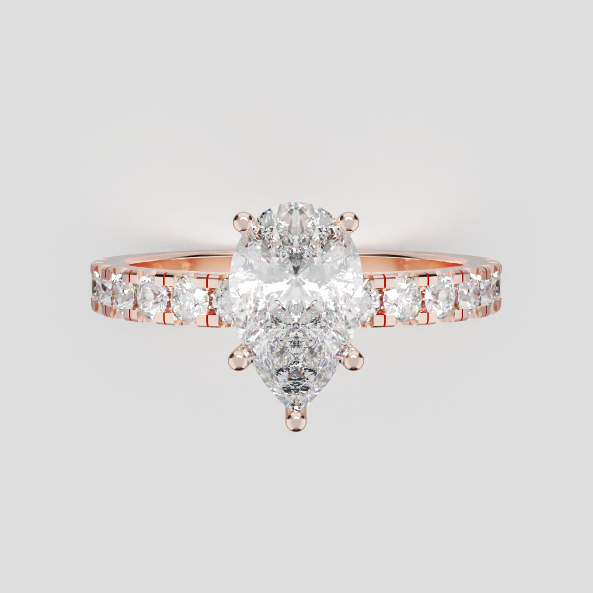 Corrente, 1ct pear lab grown diamond engagement ring, 2.0mm Pave, 5 Prongs, 18K rose gold - front view