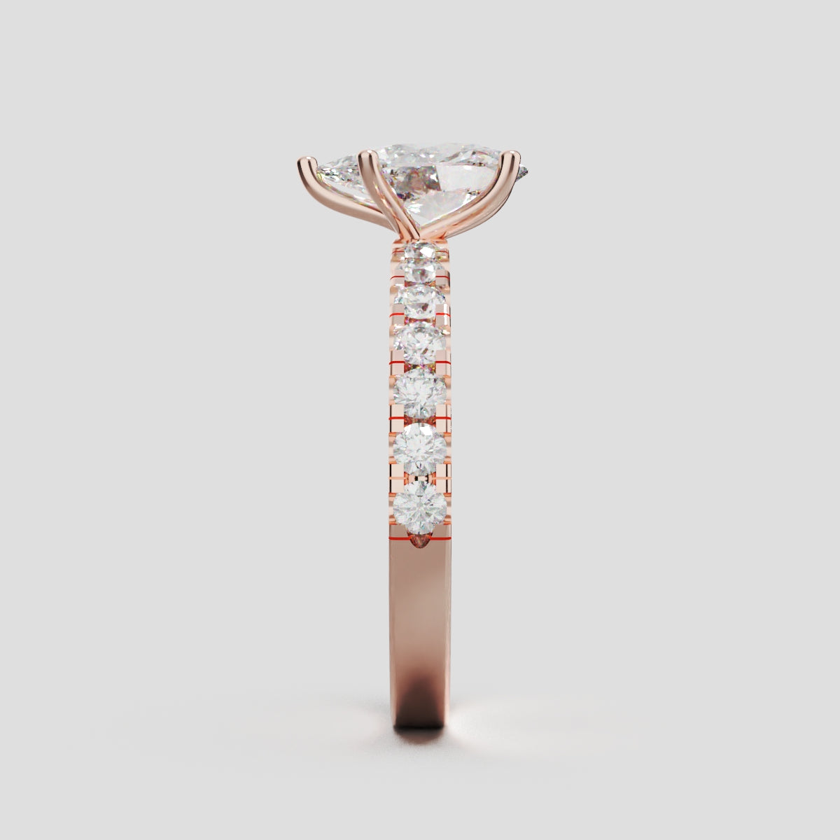 Corrente, 1ct pear lab grown diamond engagement ring, 2.0mm Pave, 5 Prongs, 18K rose gold - side view