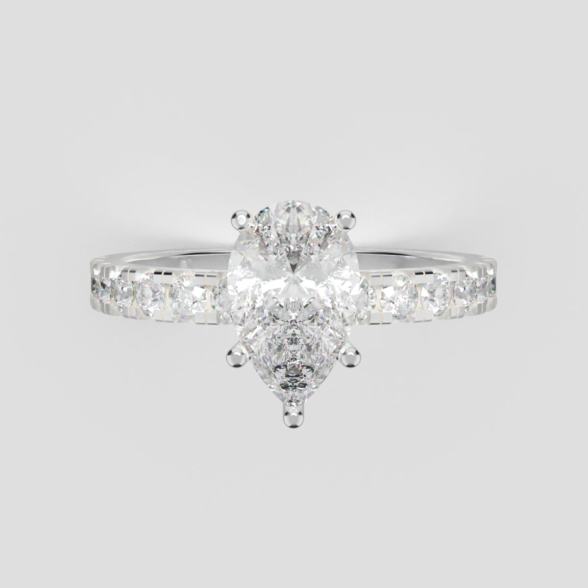 Corrente, 1ct pear lab grown diamond engagement ring, 2.0mm Pave, 5 Prongs, 18K white gold - front view