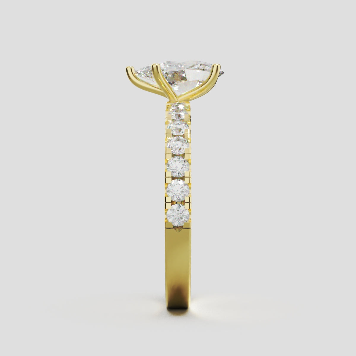 Corrente, 1ct pear lab grown diamond engagement ring, 2.0mm Pave, 5 Prongs, 18K yellow gold - side view