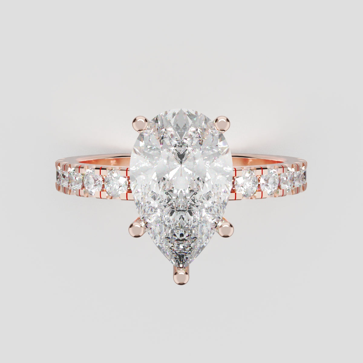 Corrente, 2ct pear lab grown diamond engagement ring, 2.0mm Pave, 5 Prongs, 18K rose gold - front view