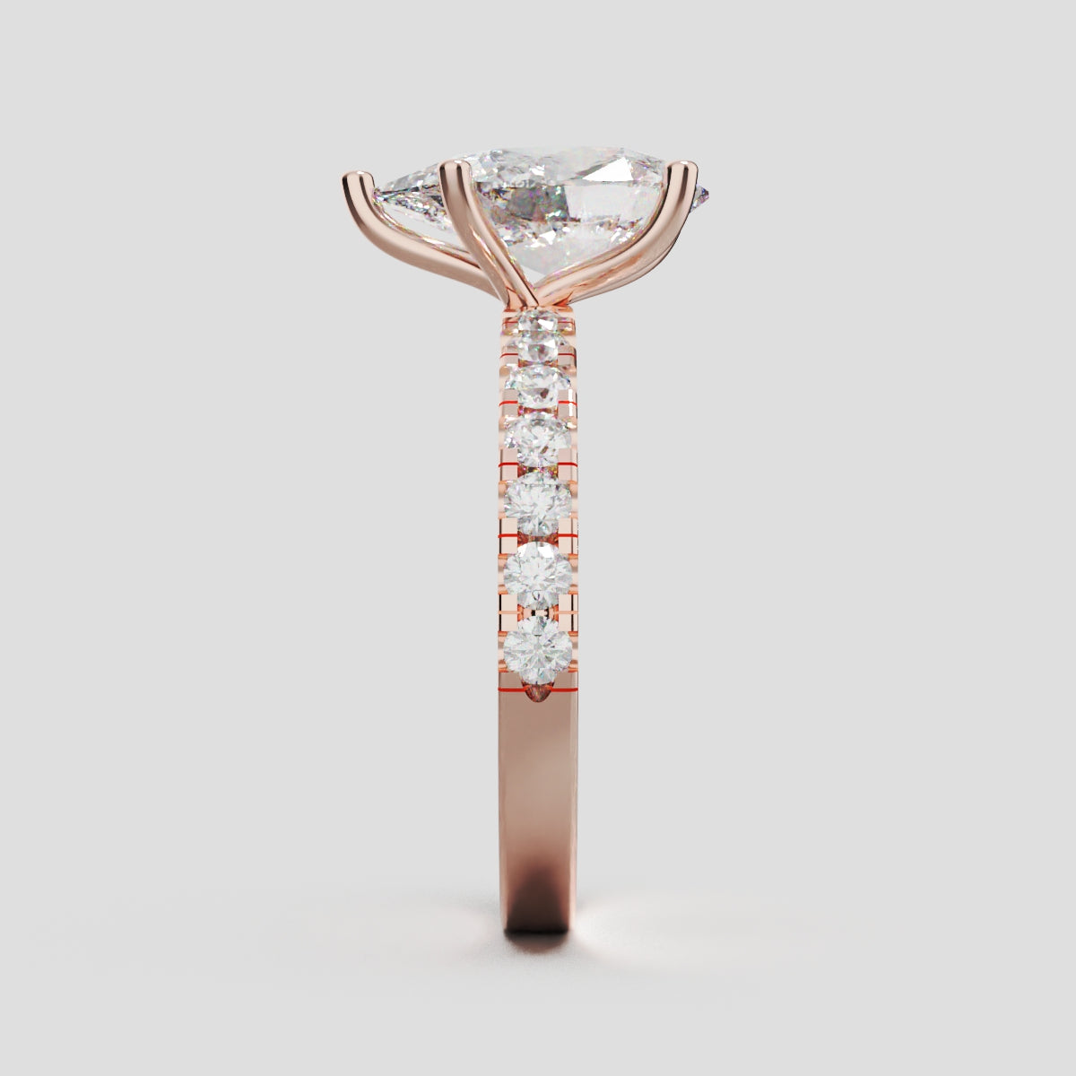 Corrente, 2ct pear lab grown diamond engagement ring, 2.0mm Pave, 5 Prongs, 18K rose gold - side view
