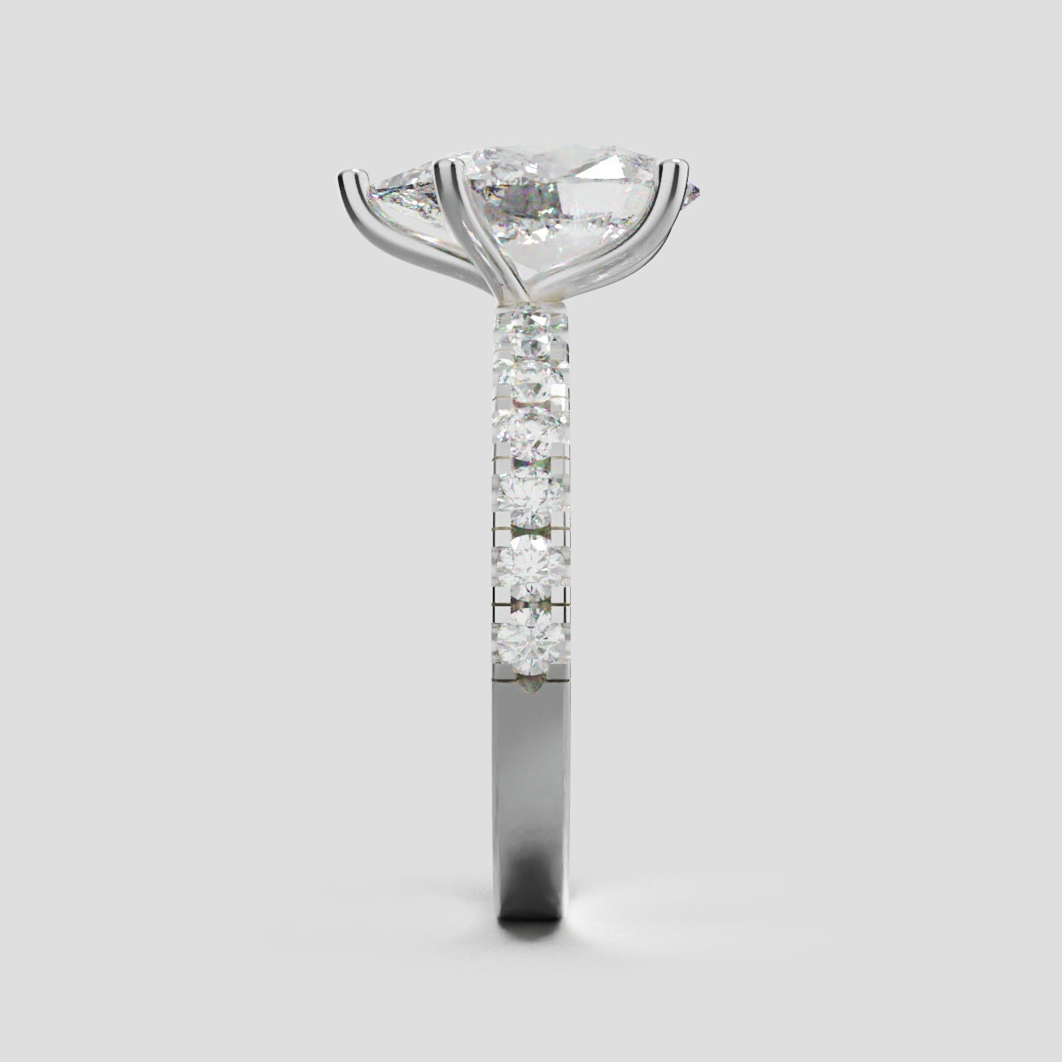 Corrente, 2ct pear lab grown diamond engagement ring, 2.0mm Pave, 5 Prongs, 18K white gold - side view