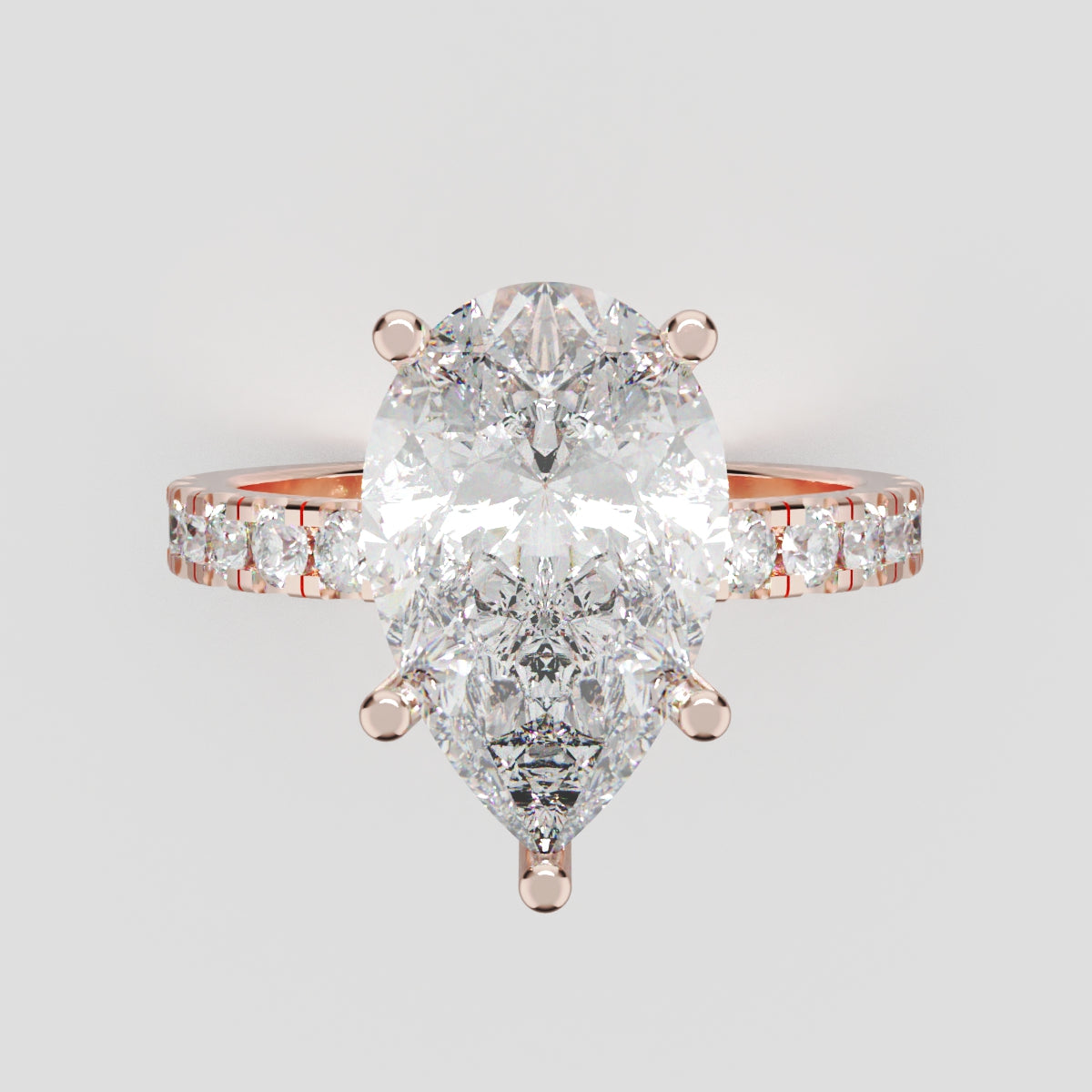 Corrente, 3ct pear lab grown diamond engagement ring, 2.0mm Pave, 5 Prongs, 18K rose gold - front view
