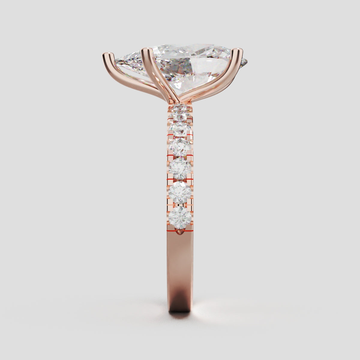 Corrente, 3ct pear lab grown diamond engagement ring, 2.0mm Pave, 5 Prongs, 18K rose gold - side view
