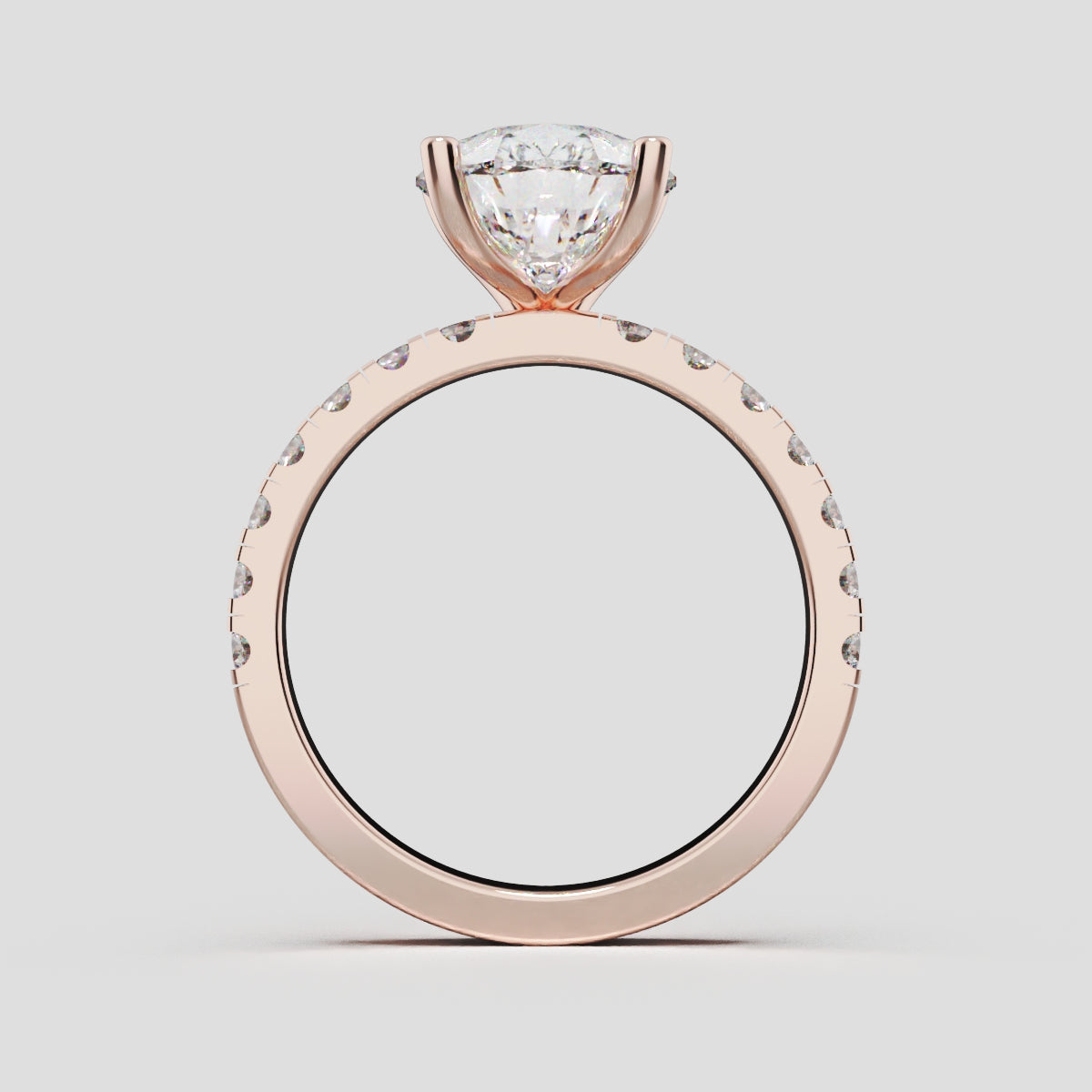 Corrente, 3ct pear lab grown diamond engagement ring, 2.0mm Pave, 5 Prongs, 18K rose gold - through finger