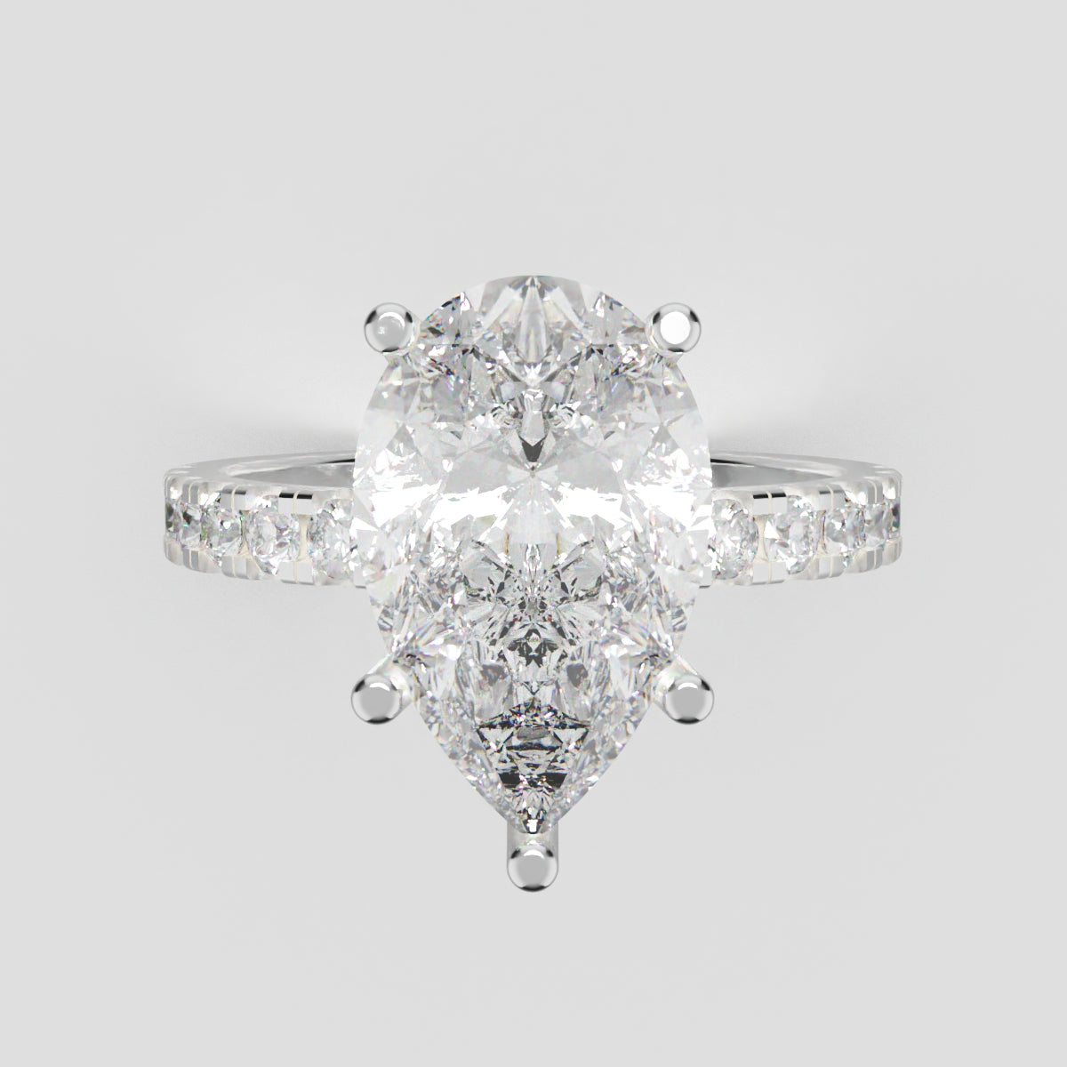 Corrente, 3ct pear lab grown diamond engagement ring, 2.0mm Pave, 5 Prongs, 18K white gold - front view