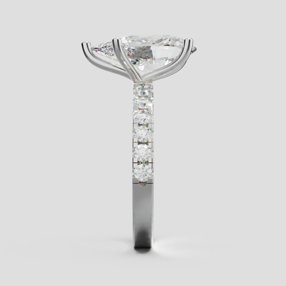 Corrente, 3ct pear lab grown diamond engagement ring, 2.0mm Pave, 5 Prongs, 18K white gold - side view
