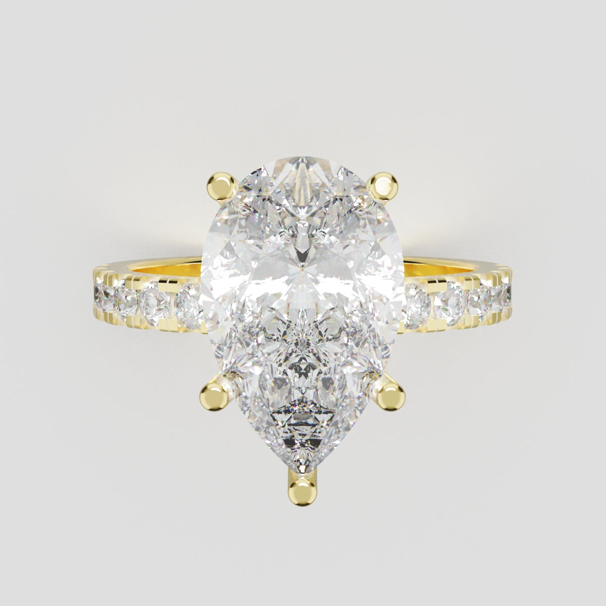 Corrente, 3ct pear lab grown diamond engagement ring, 2.0mm Pave, 5 Prongs, 18K yellow gold - front view