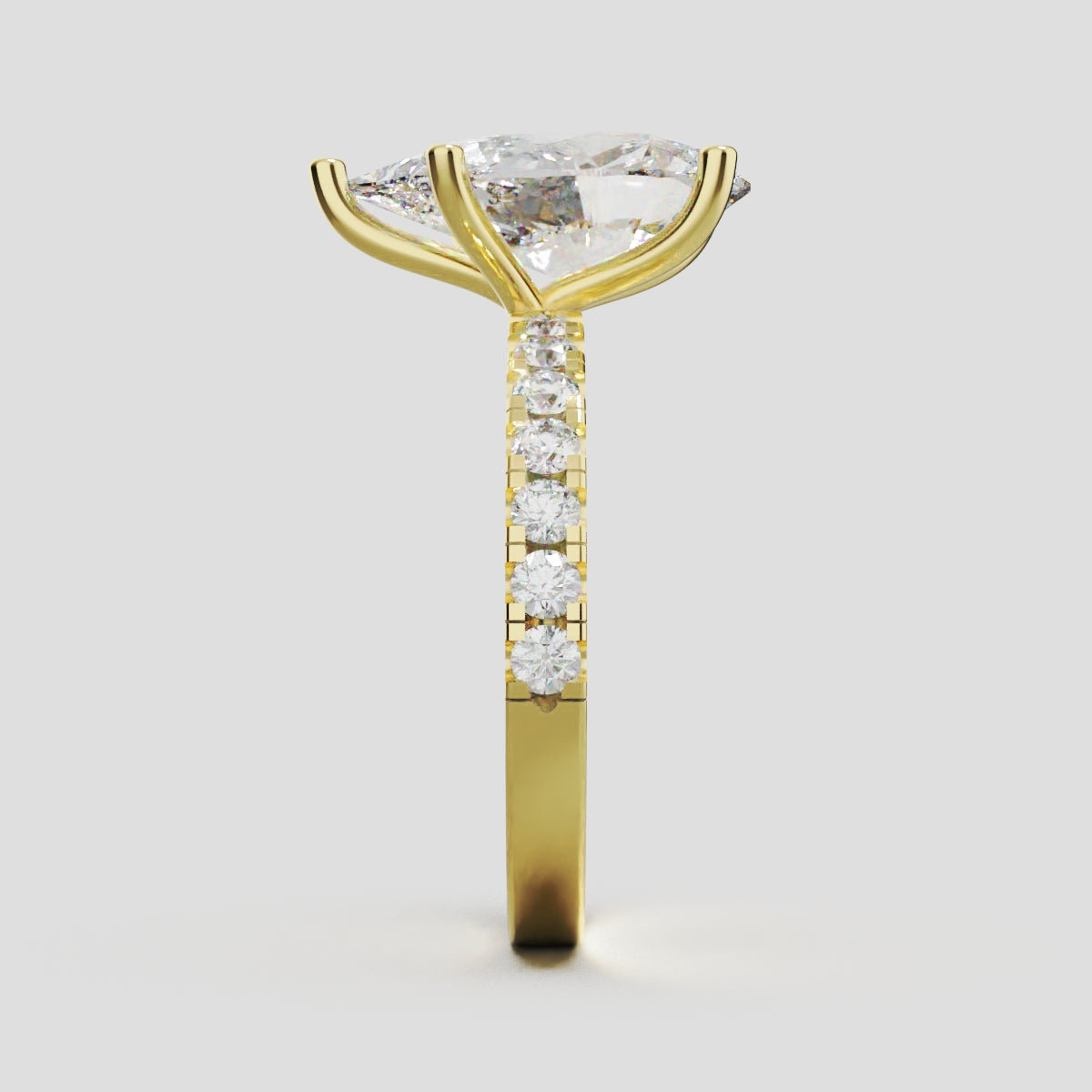 Corrente, 3ct pear lab grown diamond engagement ring, 2.0mm Pave, 5 Prongs, 18K yellow gold - side view