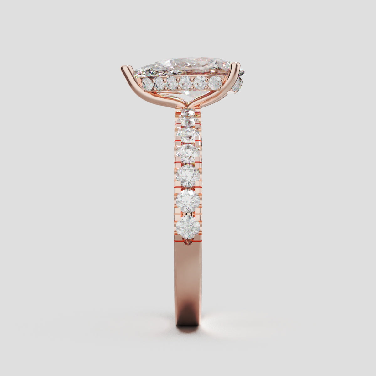 Alcova, 1.5ct pear lab grown diamond engagement ring, 2.0mm Pave, Hidden Halo, 18K rose gold - side view