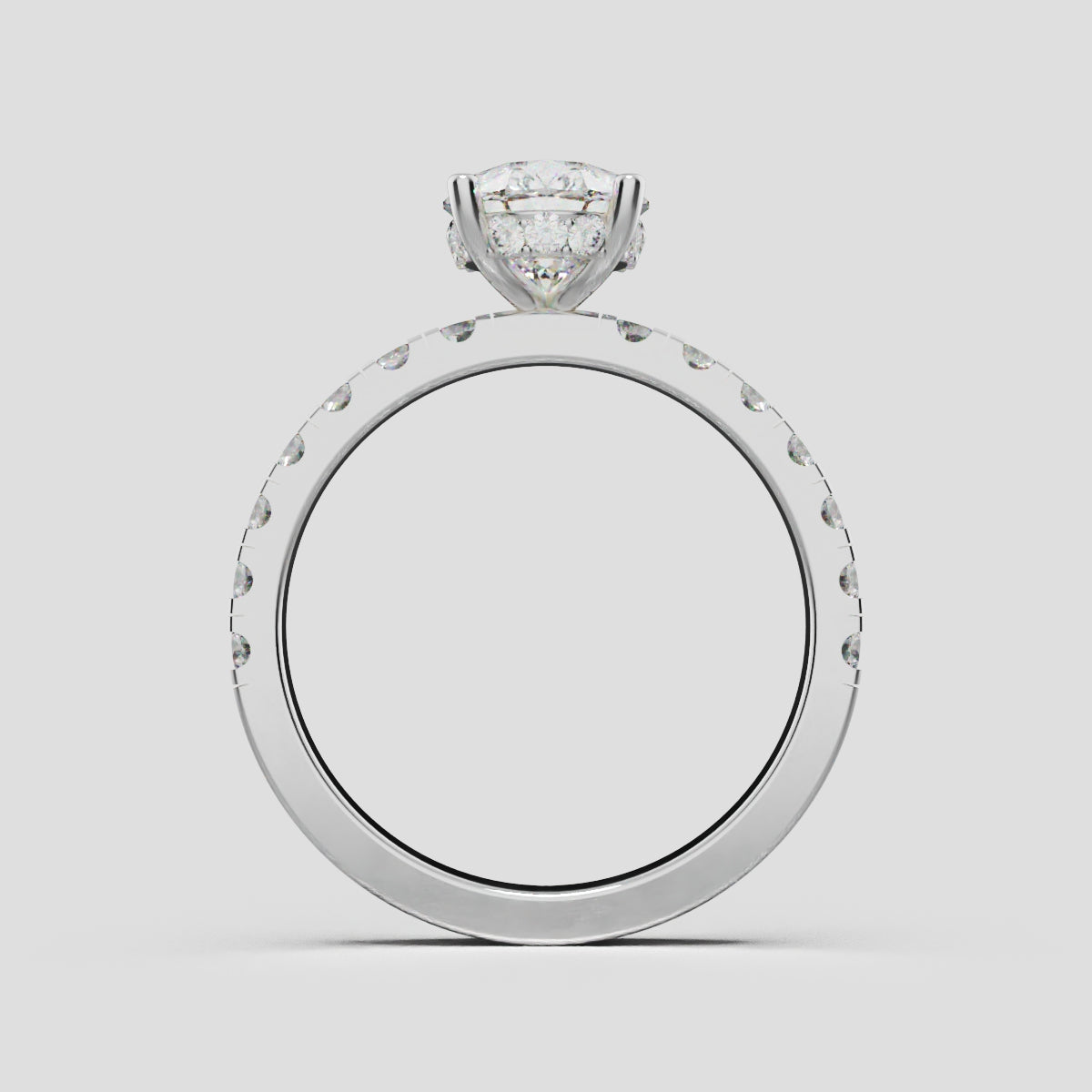 Alcova, 1.5ct pear lab grown diamond engagement ring, 2.0mm Pave, Hidden Halo, 18K white gold - through finger