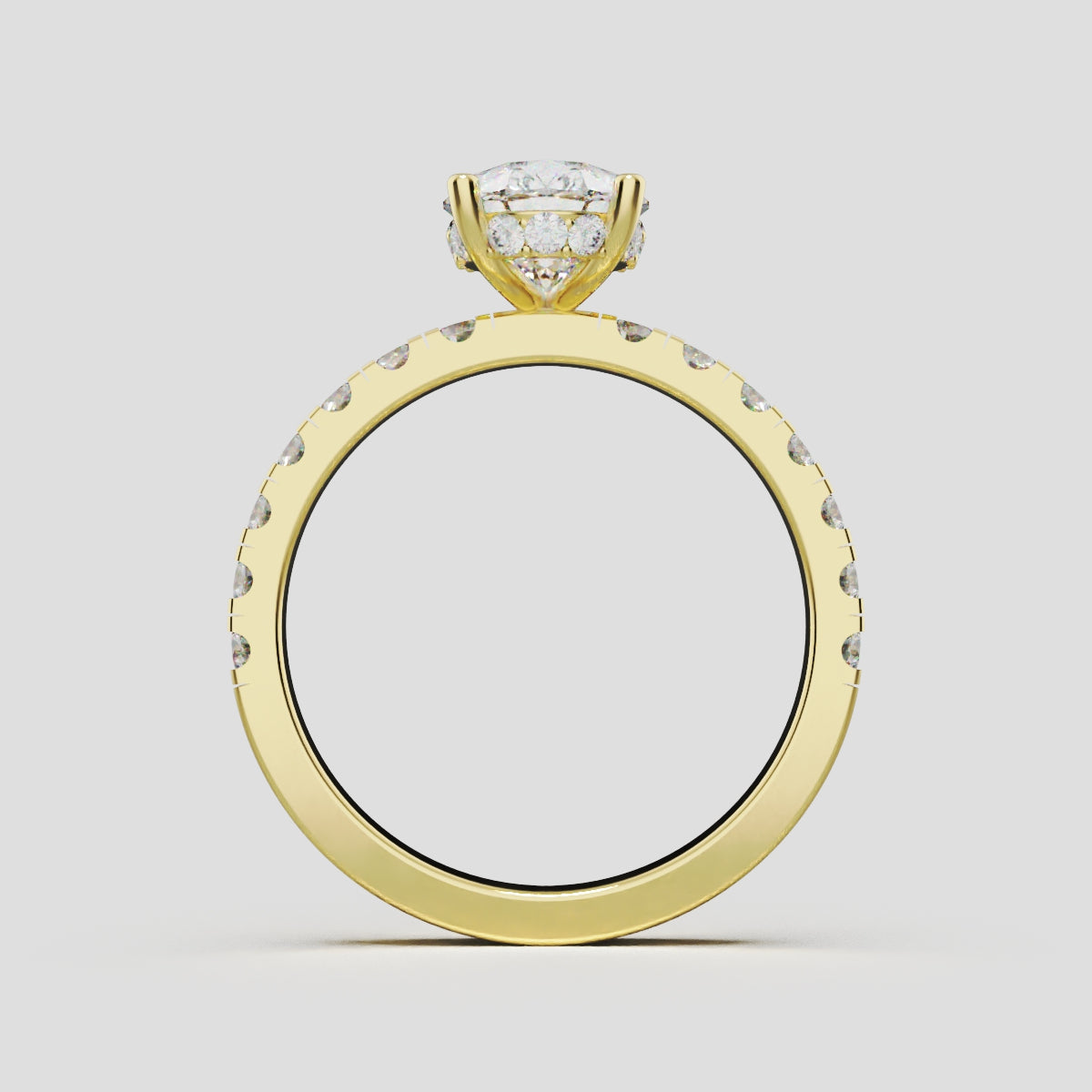 Alcova, 1.5ct pear lab grown diamond engagement ring, 2.0mm Pave, Hidden Halo, 18K yellow gold - through finger