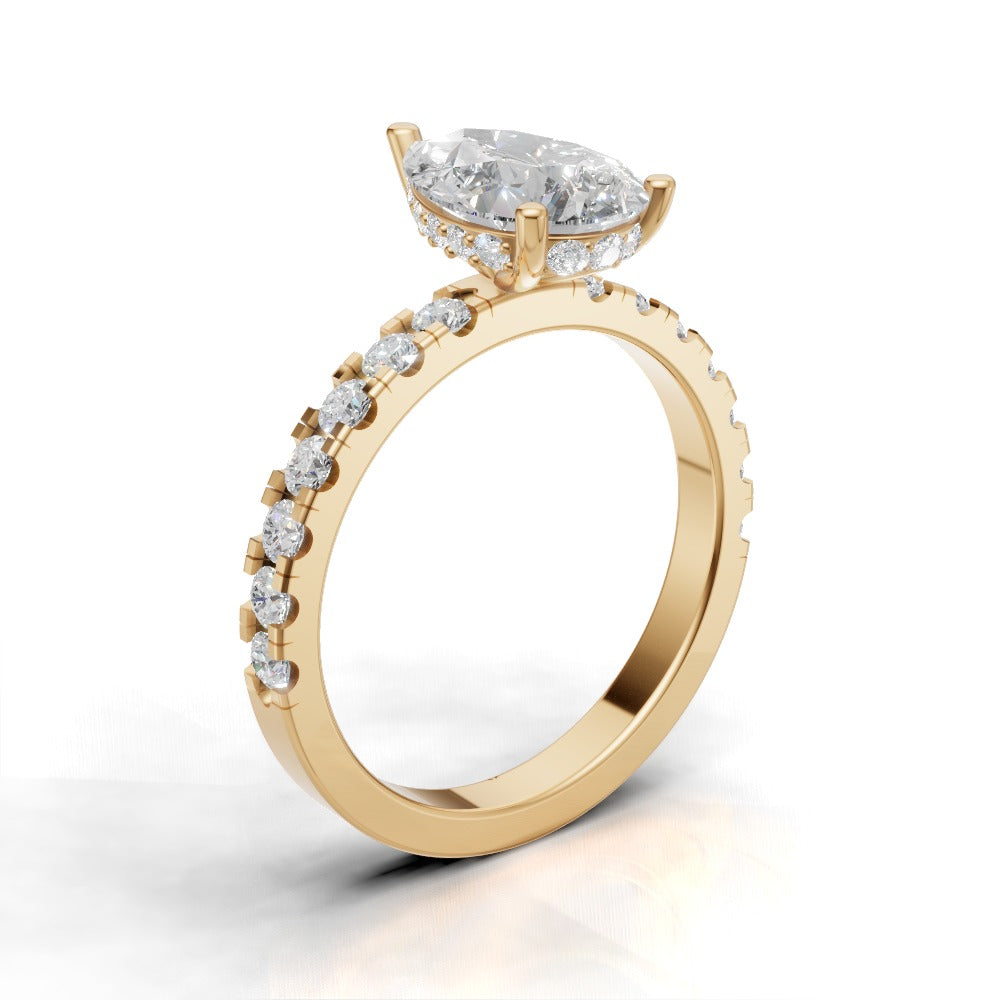 Alcova, 1.5ct pear lab grown diamond engagement ring, 2.0mm Pave, Hidden Halo, 18K yellow gold - ne