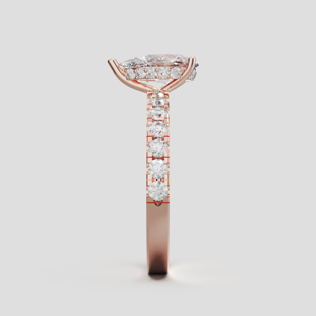 Alcova, 1ct pear lab grown diamond engagement ring, 2.0mm Pave, Hidden Halo, 18K rose gold - side view