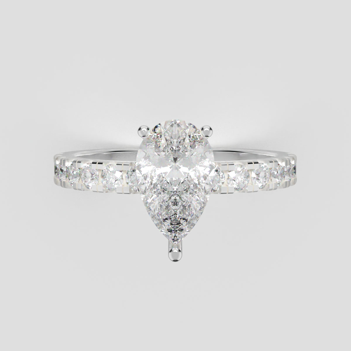 Alcova, 1ct pear lab grown diamond engagement ring, 2.0mm Pave, Hidden Halo, 18K white gold - front view