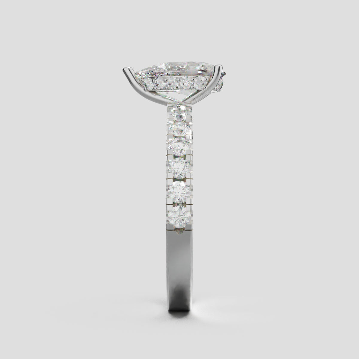 Alcova, 1ct pear lab grown diamond engagement ring, 2.0mm Pave, Hidden Halo, 18K white gold - side view