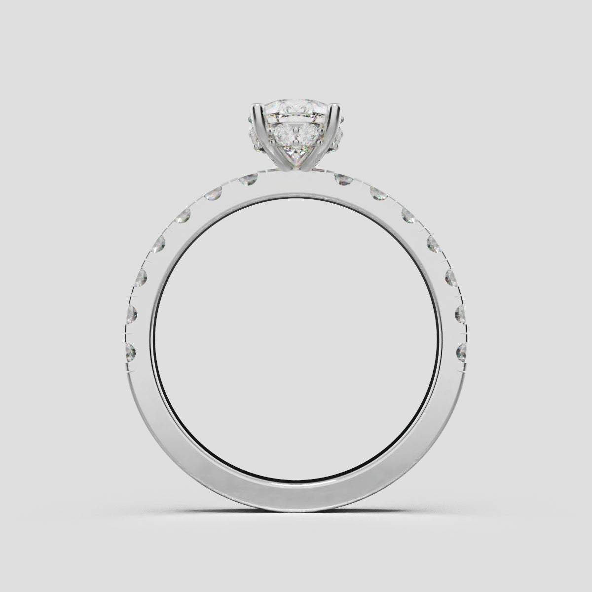Alcova, 1ct pear lab grown diamond engagement ring, 2.0mm Pave, Hidden Halo, 18K white gold - through finger