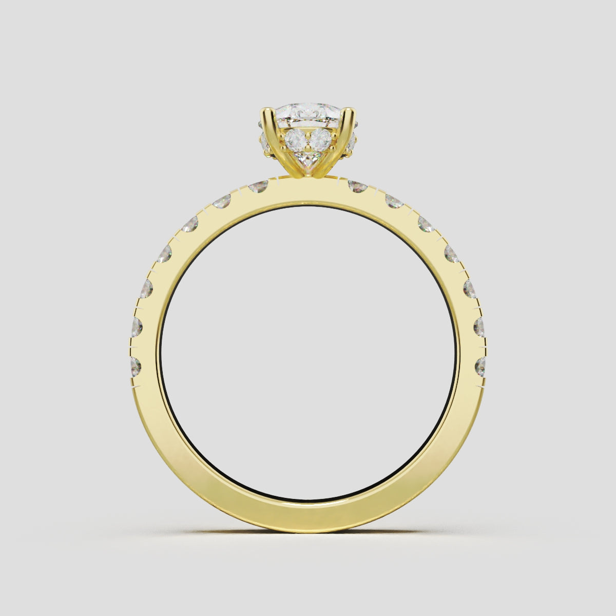 Alcova, 1ct pear lab grown diamond engagement ring, 2.0mm Pave, Hidden Halo, 18K yellow gold - through finger