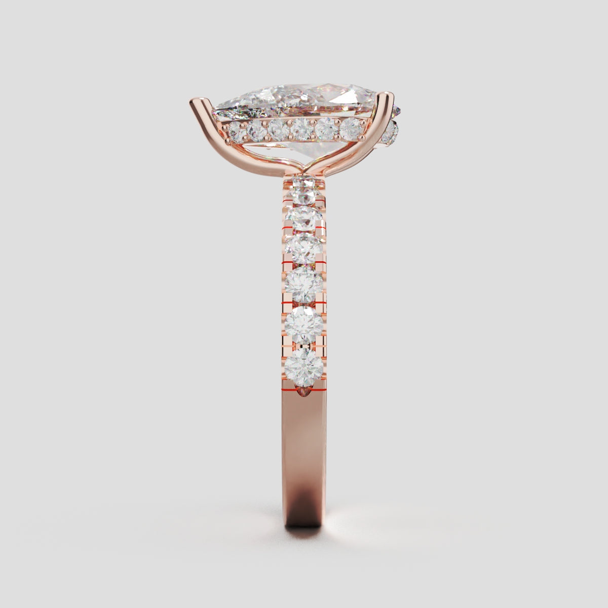 Alcova, 2ct pear lab grown diamond engagement ring, 2.0mm Pave, Hidden Halo, 18K rose gold - side view