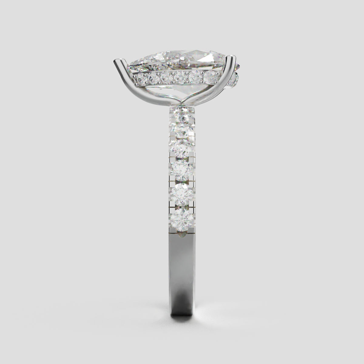 Alcova, 2ct pear lab grown diamond engagement ring, 2.0mm Pave, Hidden Halo, 18K white gold - side view