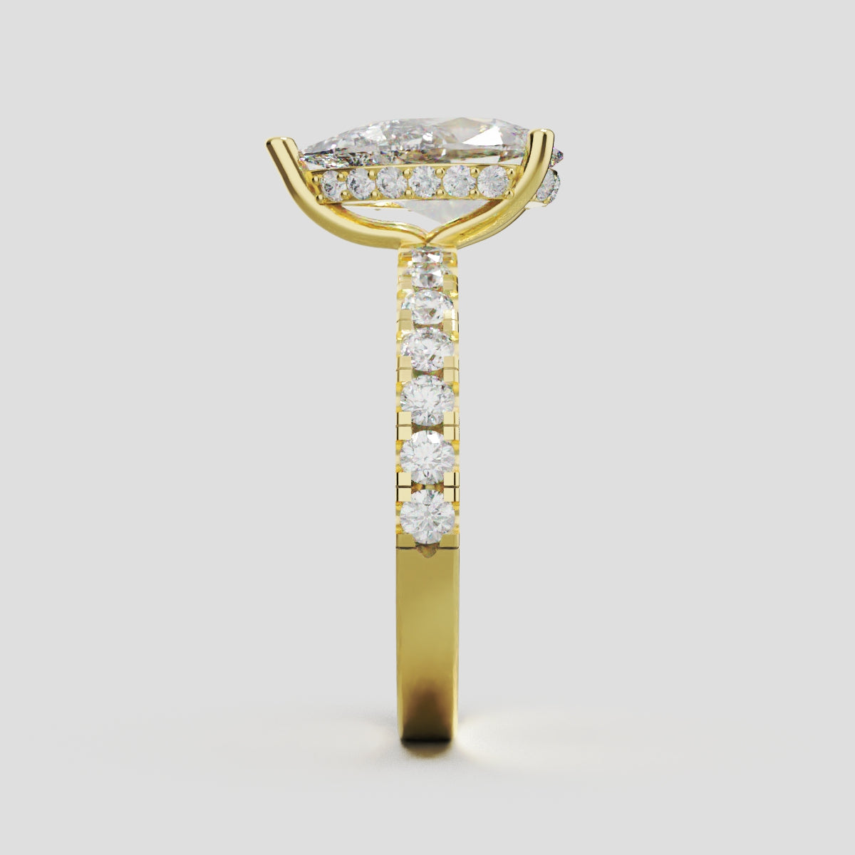 Alcova, 2ct pear lab grown diamond engagement ring, 2.0mm Pave, Hidden Halo, 18K yellow gold - side view
