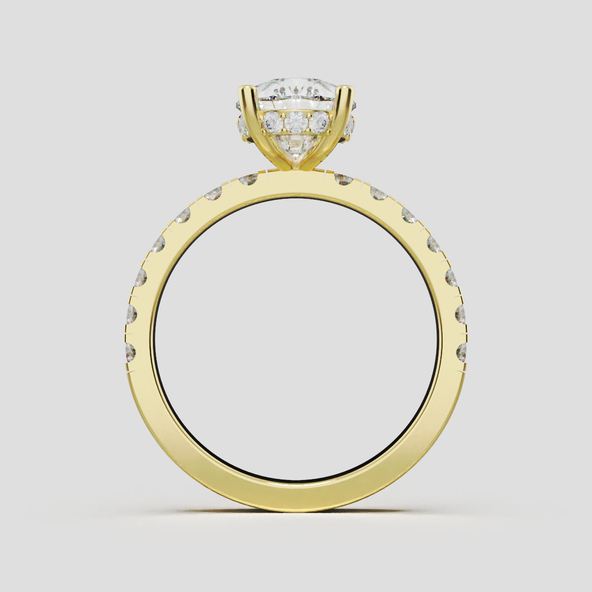 Alcova, 2ct pear lab grown diamond engagement ring, 2.0mm Pave, Hidden Halo, 18K yellow gold - through finger