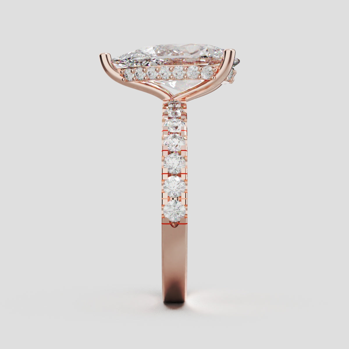 Alcova, 3ct pear lab grown diamond engagement ring, 2.0mm Pave, Hidden Halo, 18K rose gold - side view
