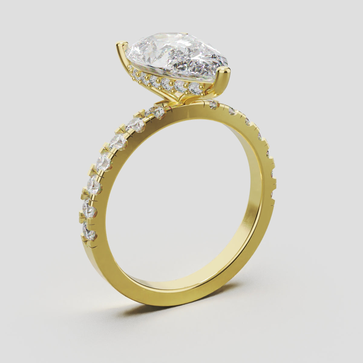 Alcova, 3ct pear lab grown diamond engagement ring, 2.0mm Pave, Hidden Halo, 18K yellow gold - ne