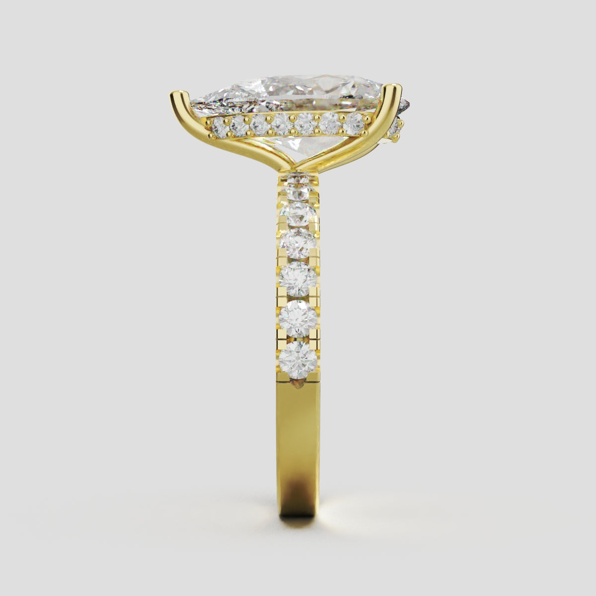 Alcova, 3ct pear lab grown diamond engagement ring, 2.0mm Pave, Hidden Halo, 18K yellow gold - side view