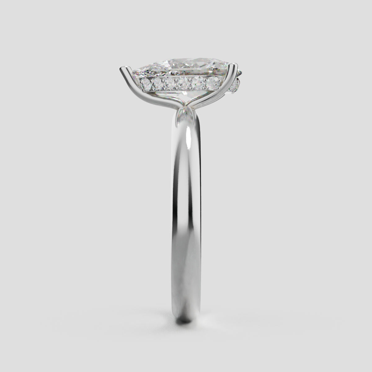 Riparo, 1.5ct pear lab grown diamond engagement ring, Plain Sides, Hidden Halo, 18K white gold - side view