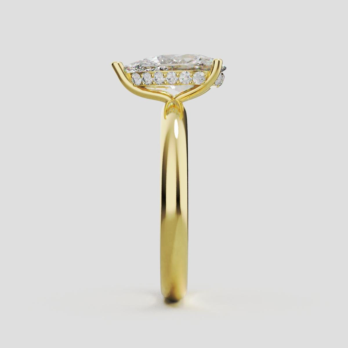 Riparo, 1.5ct pear lab grown diamond engagement ring, Plain Sides, Hidden Halo, 18K yellow gold - side view