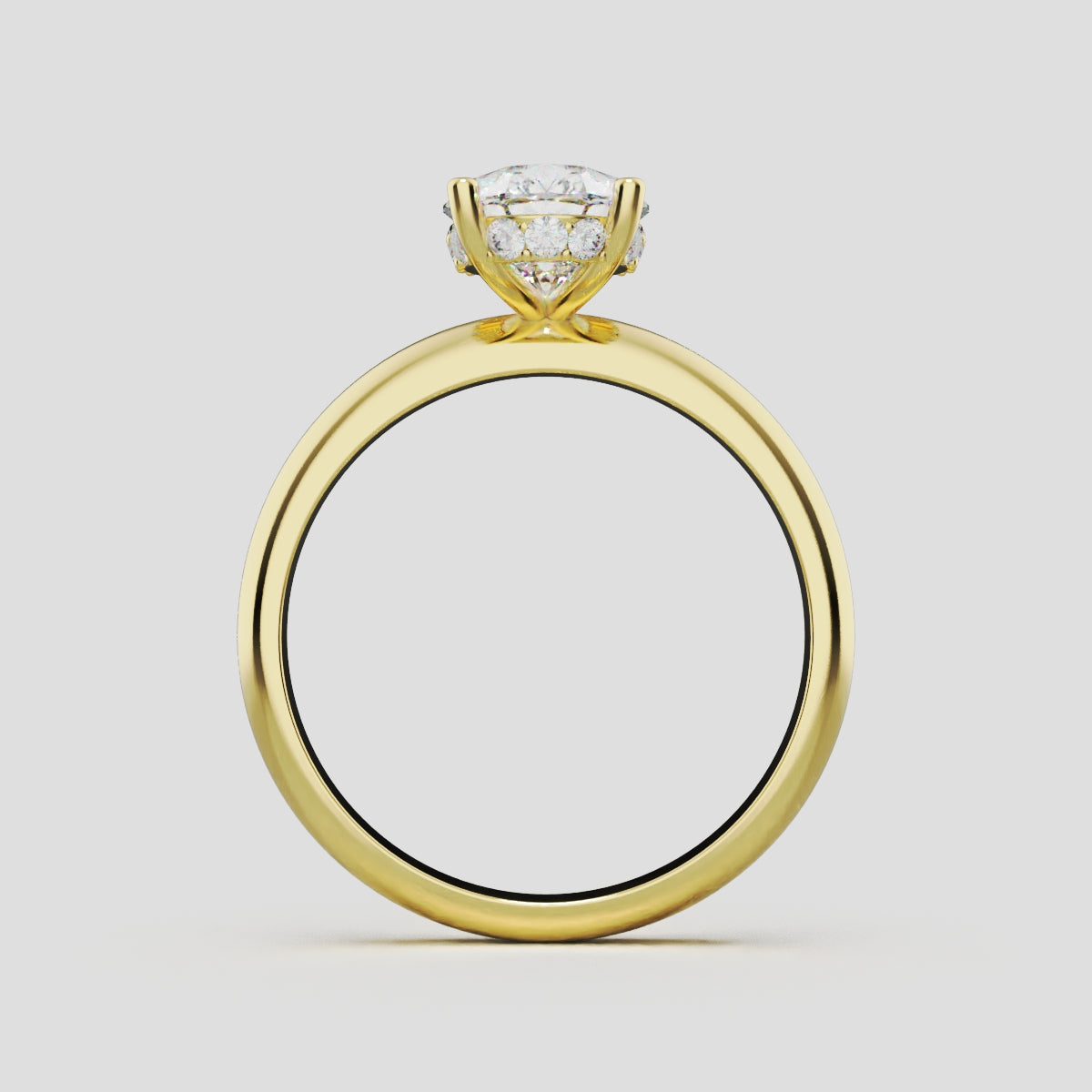 Riparo, 1.5ct pear lab grown diamond engagement ring, Plain Sides, Hidden Halo, 18K yellow gold - through finger