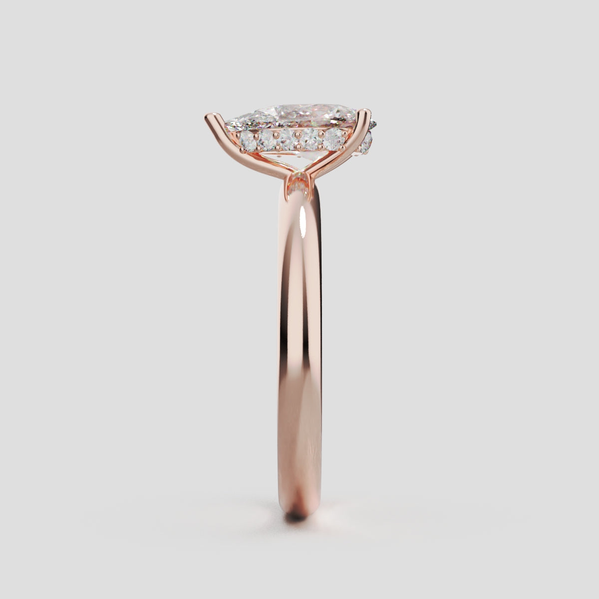 Riparo, 1ct pear lab grown diamond engagement ring, Plain Sides, Hidden Halo, 18K rose gold - side view