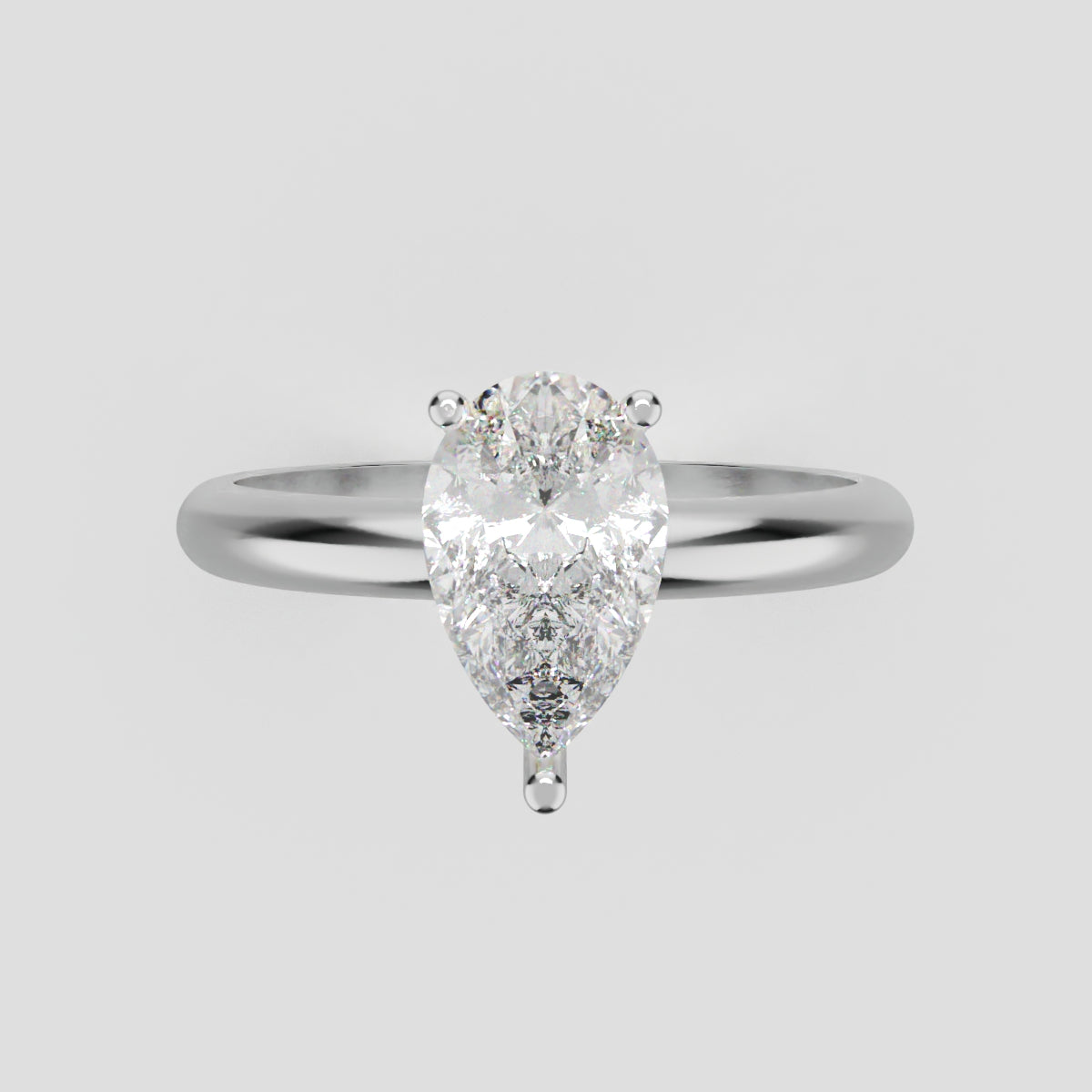 Riparo, 1ct pear lab grown diamond engagement ring, Plain Sides, Hidden Halo, 18K white gold - front view