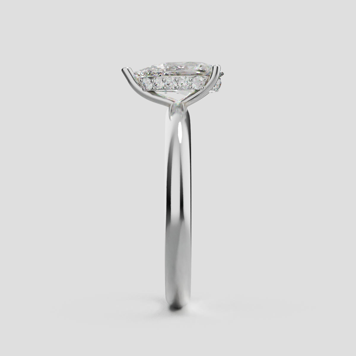 Riparo, 1ct pear lab grown diamond engagement ring, Plain Sides, Hidden Halo, 18K white gold - side view