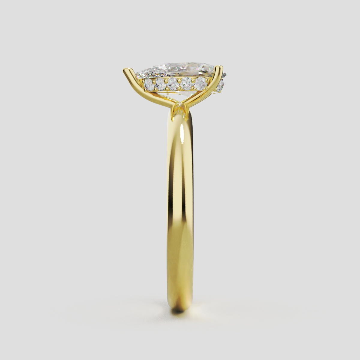 Riparo, 1ct pear lab grown diamond engagement ring, Plain Sides, Hidden Halo, 18K yellow gold - side view