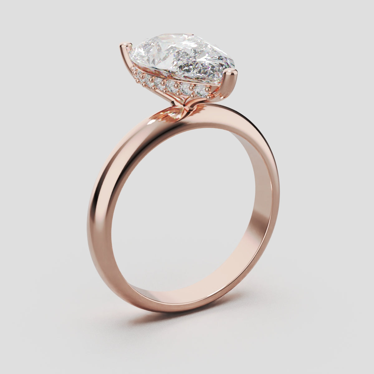 Riparo, 3ct pear lab grown diamond engagement ring, Plain Sides, Hidden Halo, 18K rose gold - ne