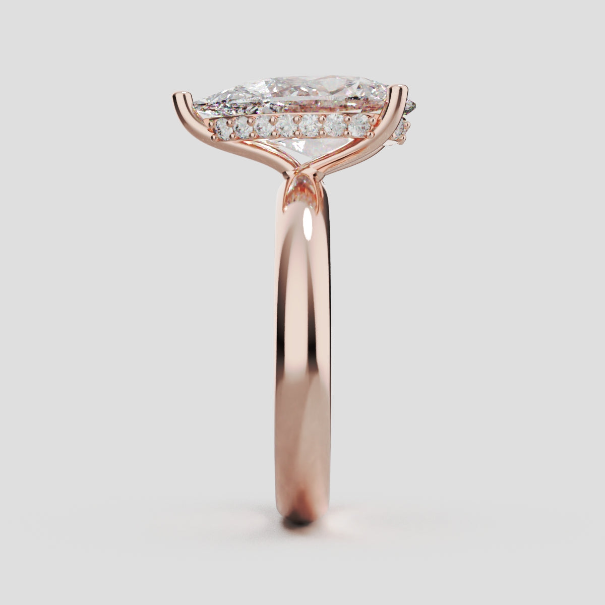 Riparo, 3ct pear lab grown diamond engagement ring, Plain Sides, Hidden Halo, 18K rose gold - side view