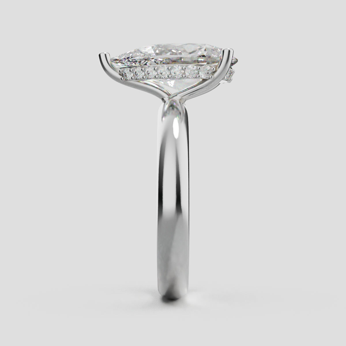 Riparo, 3ct pear lab grown diamond engagement ring, Plain Sides, Hidden Halo, 18K white gold - side view