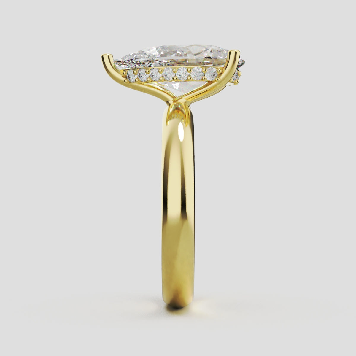Riparo, 3ct pear lab grown diamond engagement ring, Plain Sides, Hidden Halo, 18K yellow gold - side view