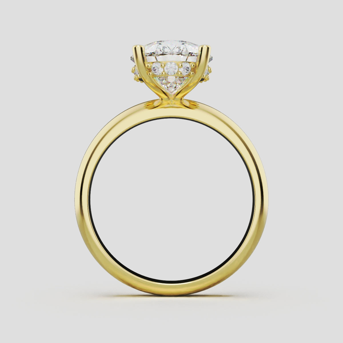 Riparo, 3ct pear lab grown diamond engagement ring, Plain Sides, Hidden Halo, 18K yellow gold - through finger