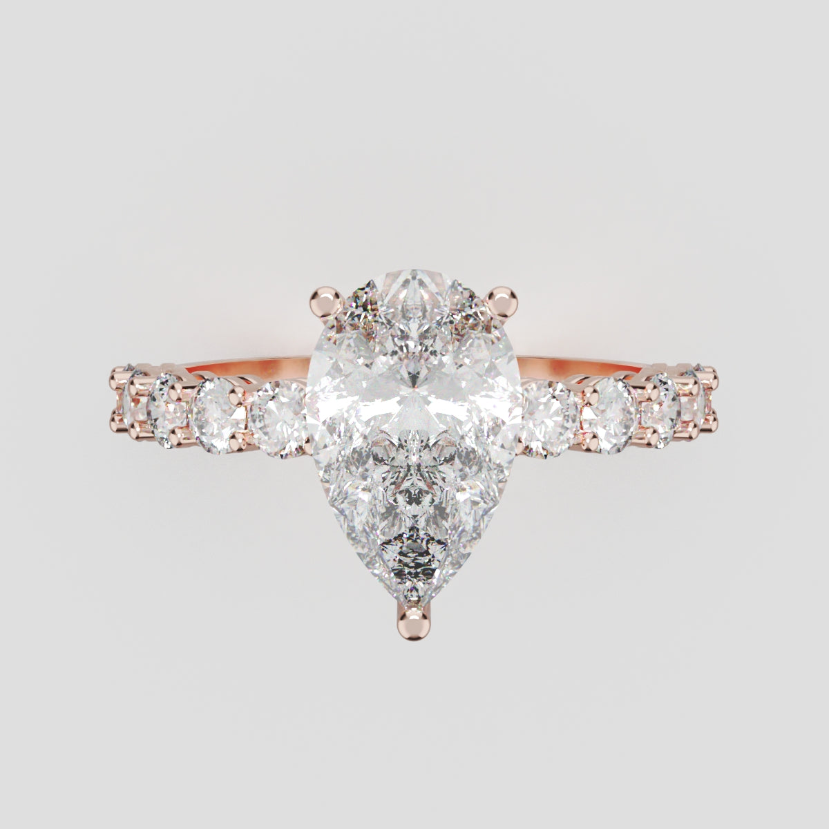 Stilla, 1.5ct pear lab grown diamond engagement ring, 2.5mm Side Stones, 18K rose gold - front view
